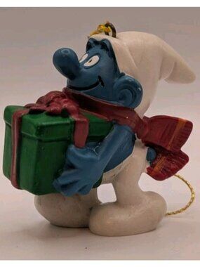 Vintage Schleich Smurf Ornament w/ Gift 1981 - 51902 - Christmas Present Smurf